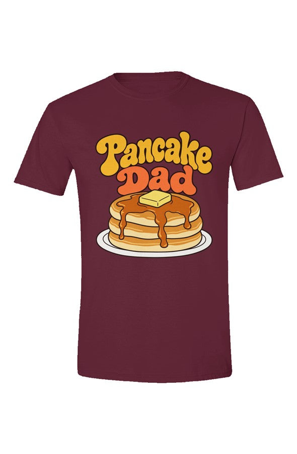 Maroon t-shirt with Pancake Dad lettering over a stack of pancakes, flat front view on white.