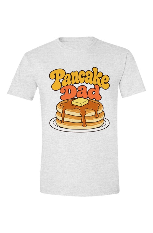 Sport Grey t-shirt with Pancake Dad lettering over a stack of pancakes, flat front view on white.