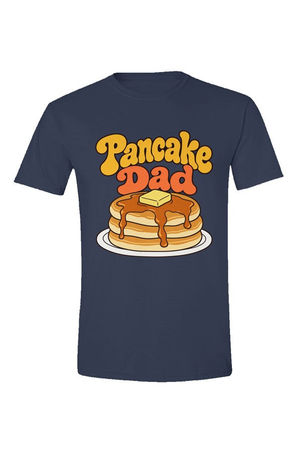 Navy t-shirt with Pancake Dad lettering over a stack of pancakes, flat front view on white.