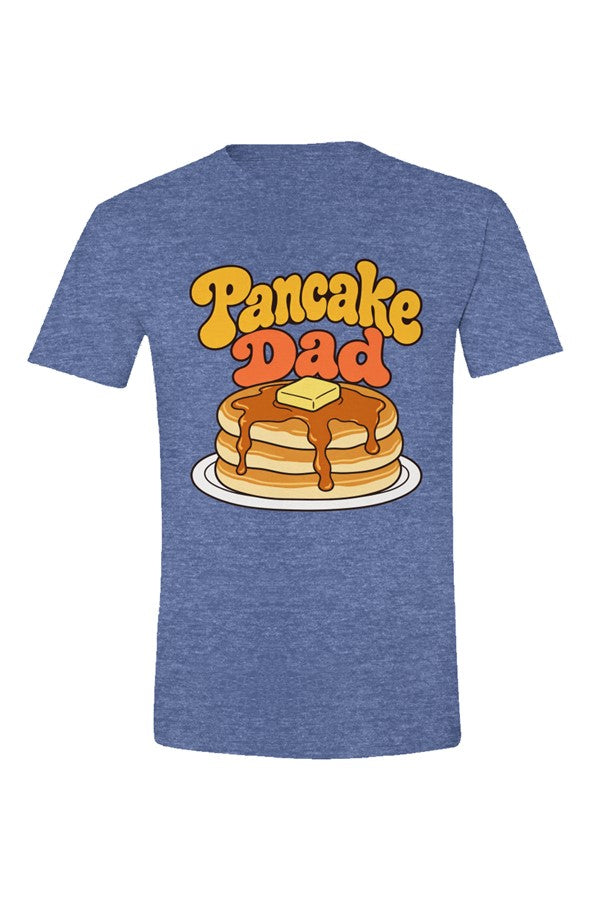 Heather royal t-shirt with Pancake Dad lettering over a stack of pancakes, flat front view on white.