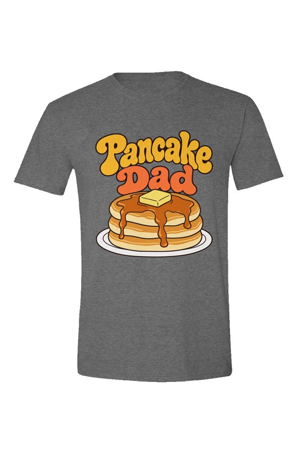 Heather Dark Grey t-shirt with Pancake Dad lettering over a stack of pancakes, flat front view on white.