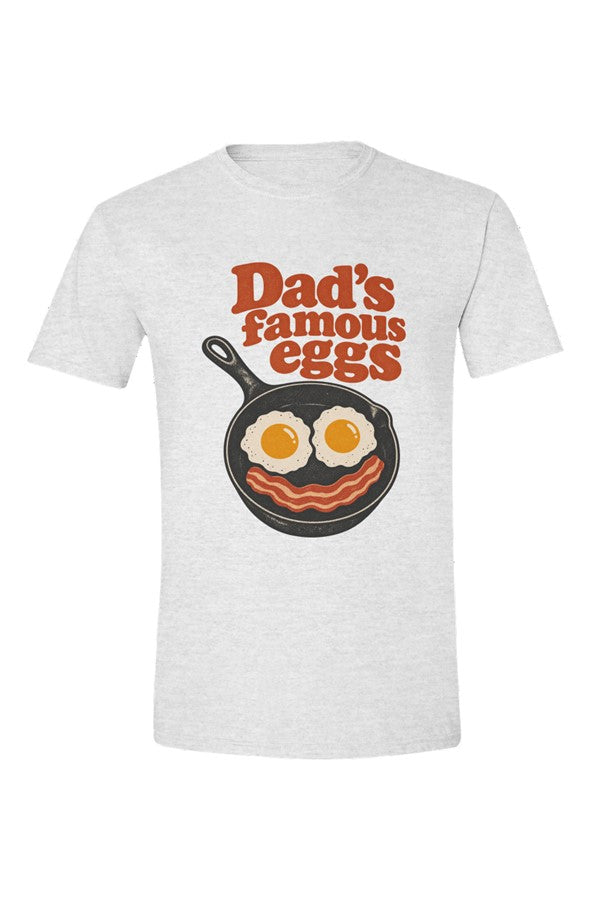 Sport Grey t-shirt with Dad's famous eggs lettering over a skillet with eggs and bacon, flat front view on white.