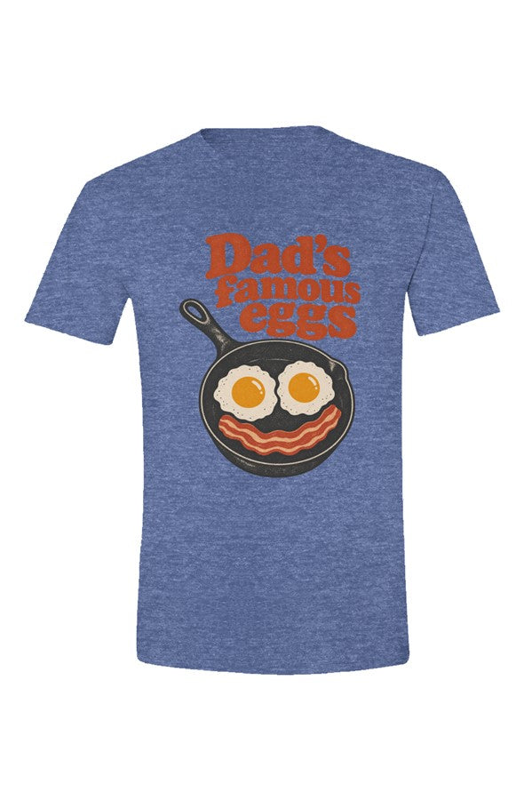 Heather royal t-shirt with Dad's famous eggs lettering over a skillet with eggs and bacon, flat front view on white.