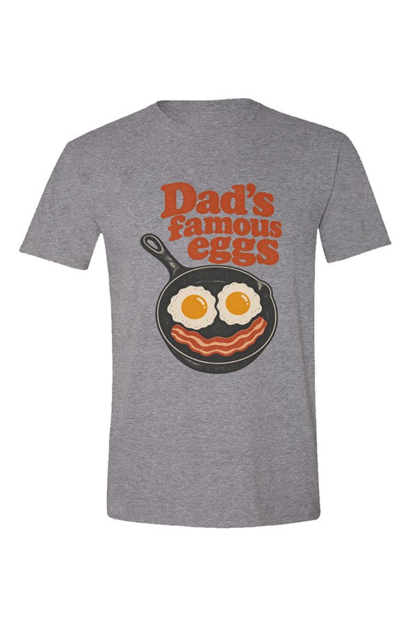 Graphite Heather t-shirt with Dad's famous eggs lettering over a skillet with eggs and bacon, flat front view on white.