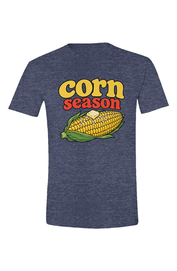 Heather navy t-shirt with Corn Season lettering over a buttered corn cob, flat front view on white.