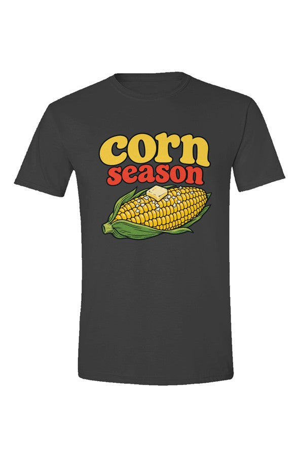 Charcoal t-shirt with Corn Season lettering over a buttered corn cob, flat front view on white.