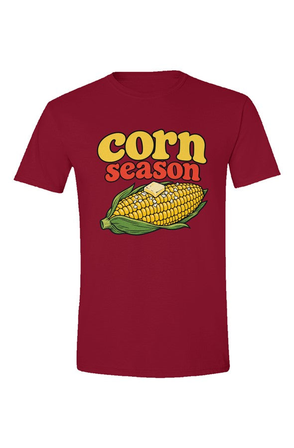 Cardinal Red t-shirt with Corn Season lettering over a buttered corn cob, flat front view on white.