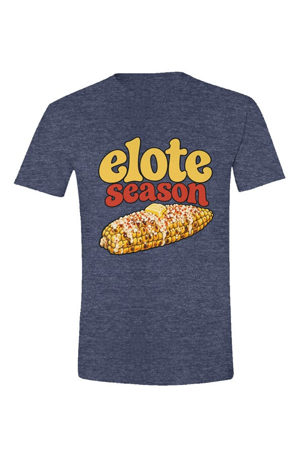 Heather navy t-shirt with Elote Season over grilled corn with red seasoning and butter, flat front view on white.
