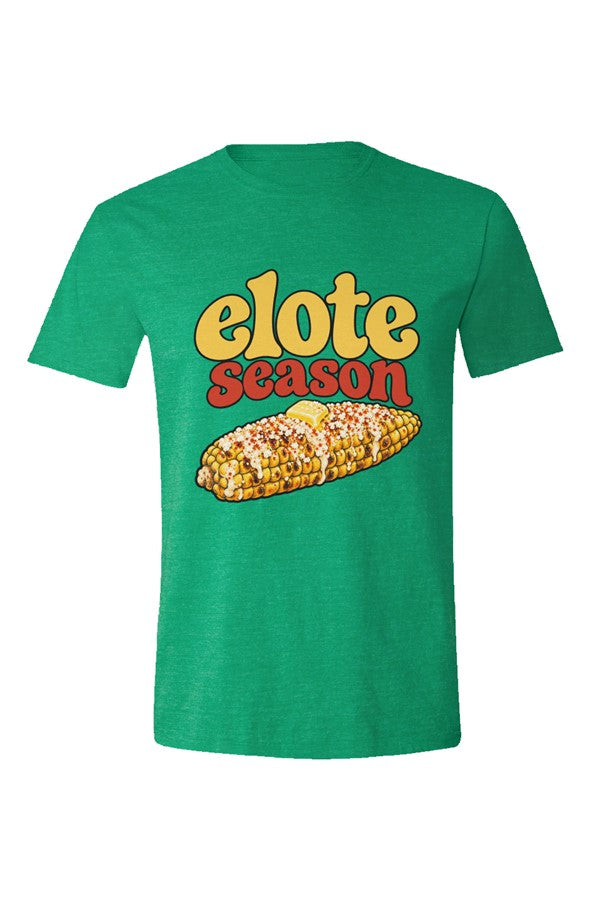 Heather Irish Green t-shirt with Elote Season over grilled corn with red seasoning and butter, flat front view on white.