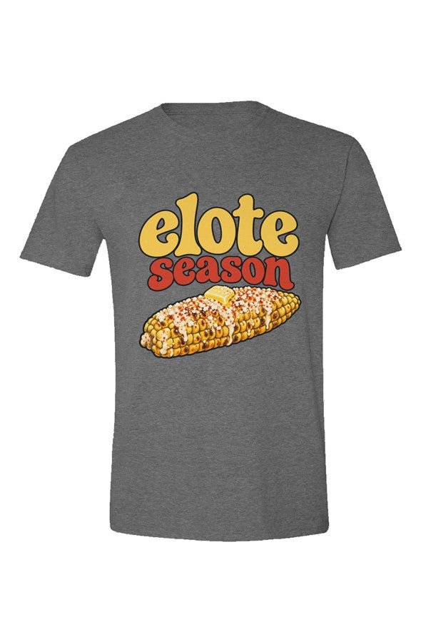 Heather Dark Grey t-shirt with Elote Season over grilled corn with red seasoning and butter, flat front view on white.