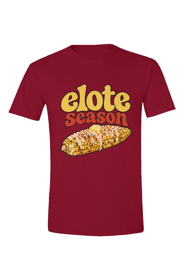 Cardinal Red t-shirt with Elote Season over grilled corn with red seasoning and butter, flat front view on white.