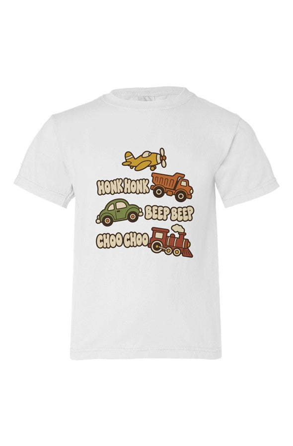 White kids' t-shirt with a plane, dump truck, car and train beside HONK HONK, BEEP BEEP, CHOO CHOO lettering.