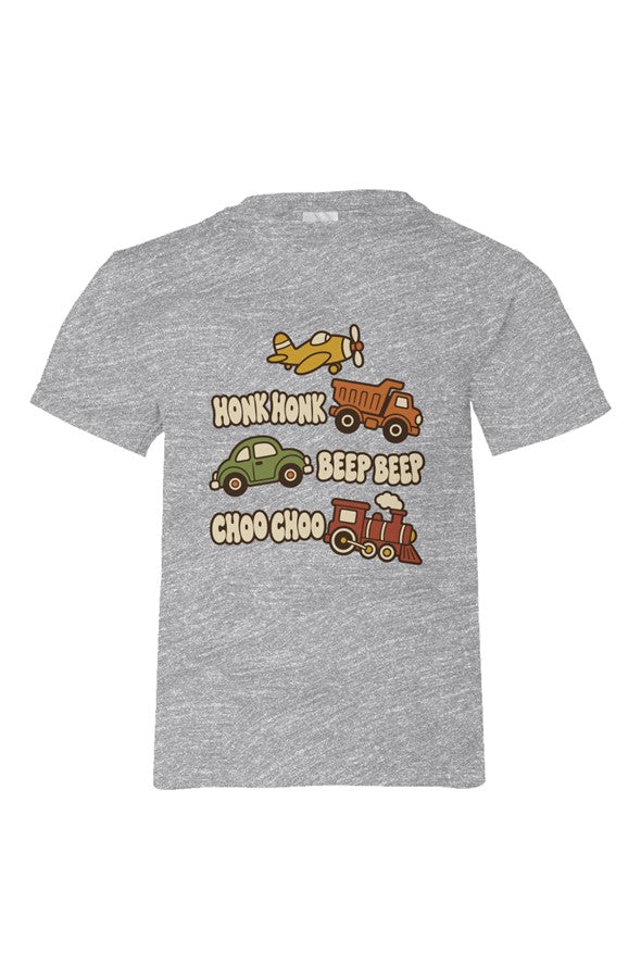 Heather Grey kids' t-shirt with a plane, dump truck, car and train beside HONK HONK, BEEP BEEP, CHOO CHOO lettering.