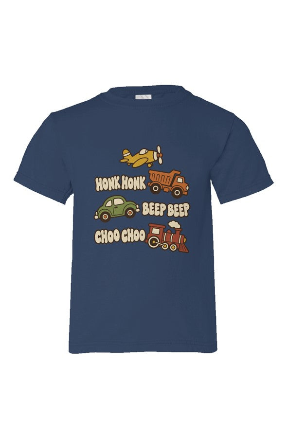 Navy Blue kids' t-shirt with a plane, dump truck, car and train beside HONK HONK, BEEP BEEP, CHOO CHOO lettering.