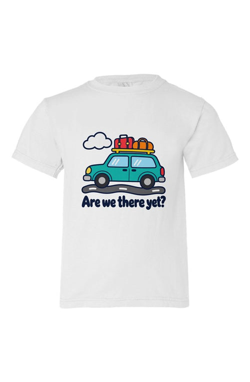 White kids' t-shirt with a teal car loaded with luggage over Are we there yet? lettering.