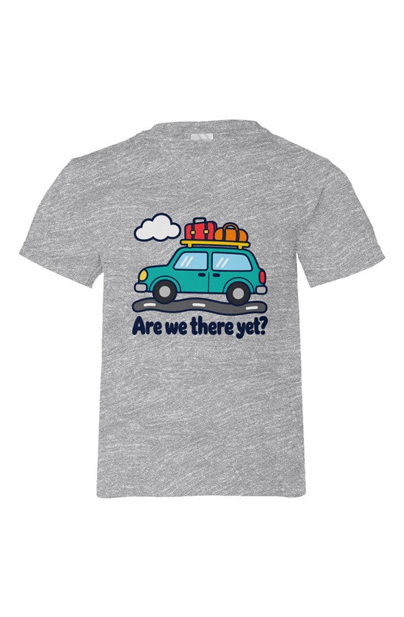 Heather Grey kids' t-shirt with a teal car loaded with luggage over Are we there yet? lettering.