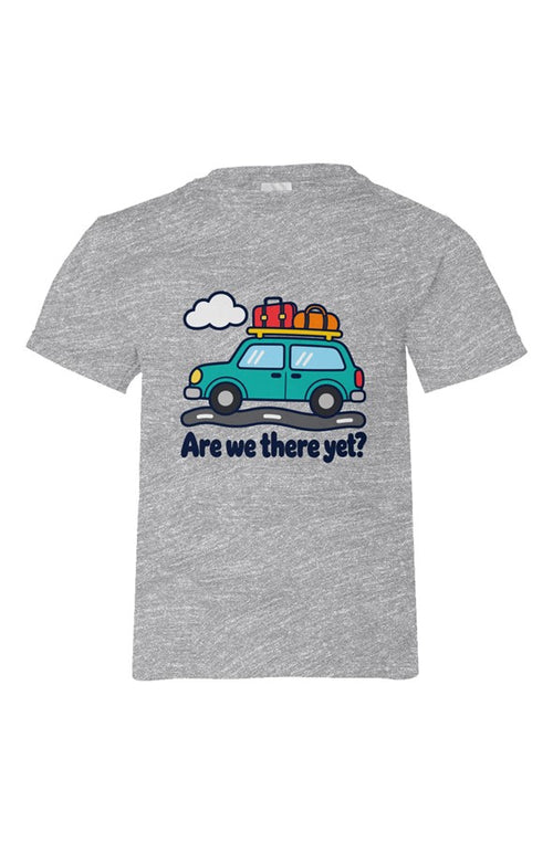 Heather Grey kids' t-shirt with a teal car loaded with luggage over Are we there yet? lettering.