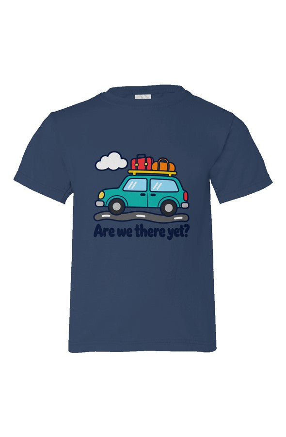 Navy Blue kids' t-shirt with a teal car loaded with luggage over Are we there yet? lettering.