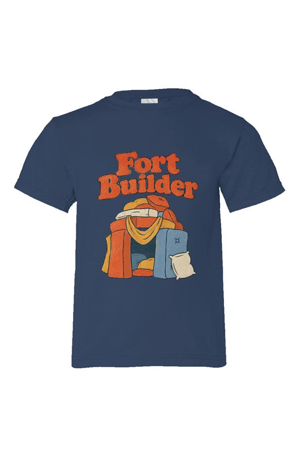 Navy Blue kids' t-shirt with Fort Builder lettering over orange and yellow blankets, blue and cream pillows.