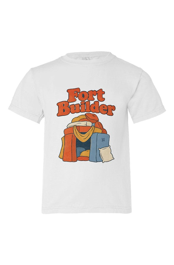 White kids' t-shirt with Fort Builder lettering over orange and yellow blankets, blue and cream pillows.