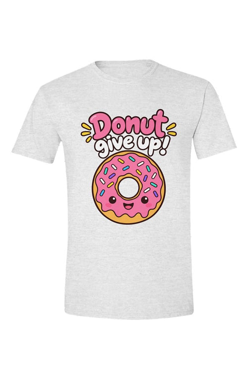 Sport Grey t-shirt with Donut give up! over a pink-frosted donut with sprinkles, flat front view on white.