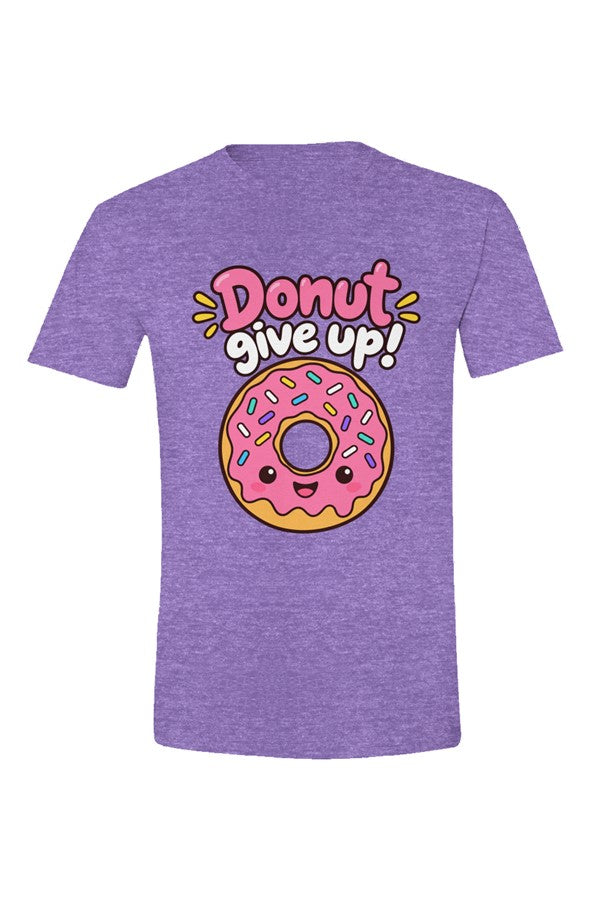 Heather Purple t-shirt with Donut give up! over a pink-frosted donut with sprinkles, flat front view on white.