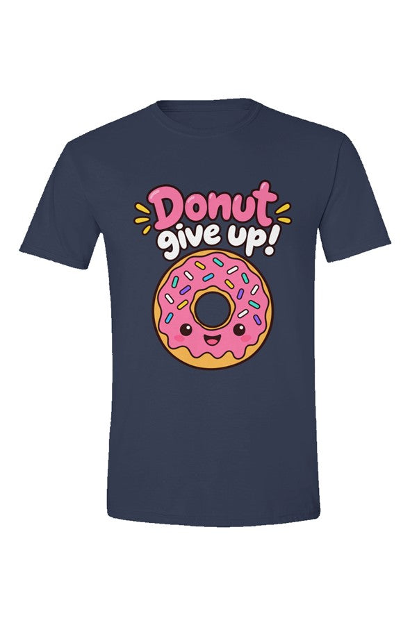 Navy t-shirt with Donut give up! over a pink-frosted donut with sprinkles, flat front view on white.